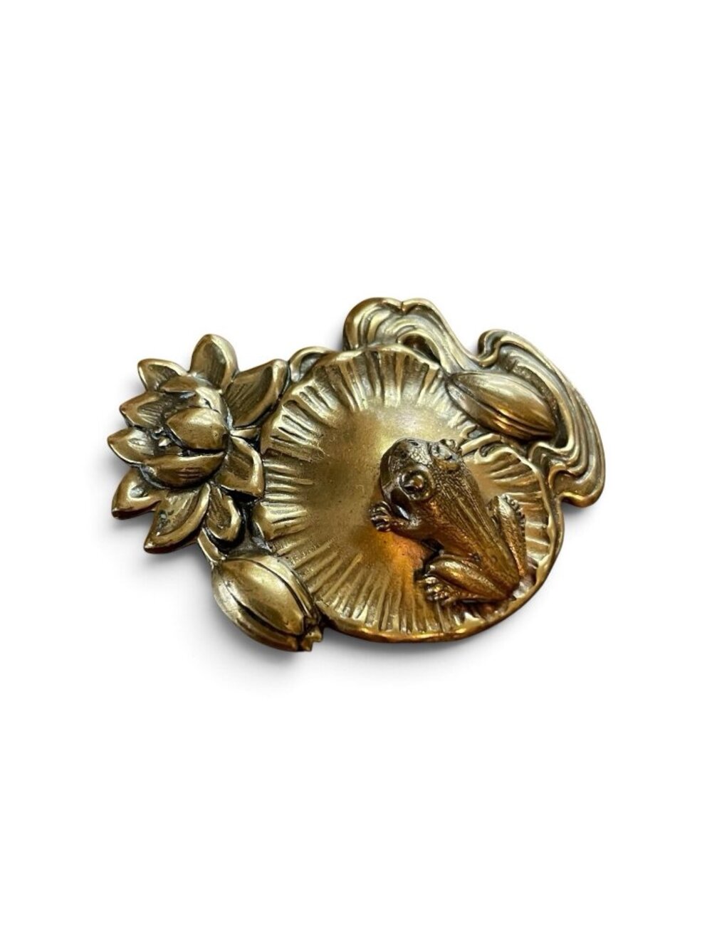 Vintage Floral Frog on Lilypad Brooch Brass Repousses Art Nouveau Style Pin